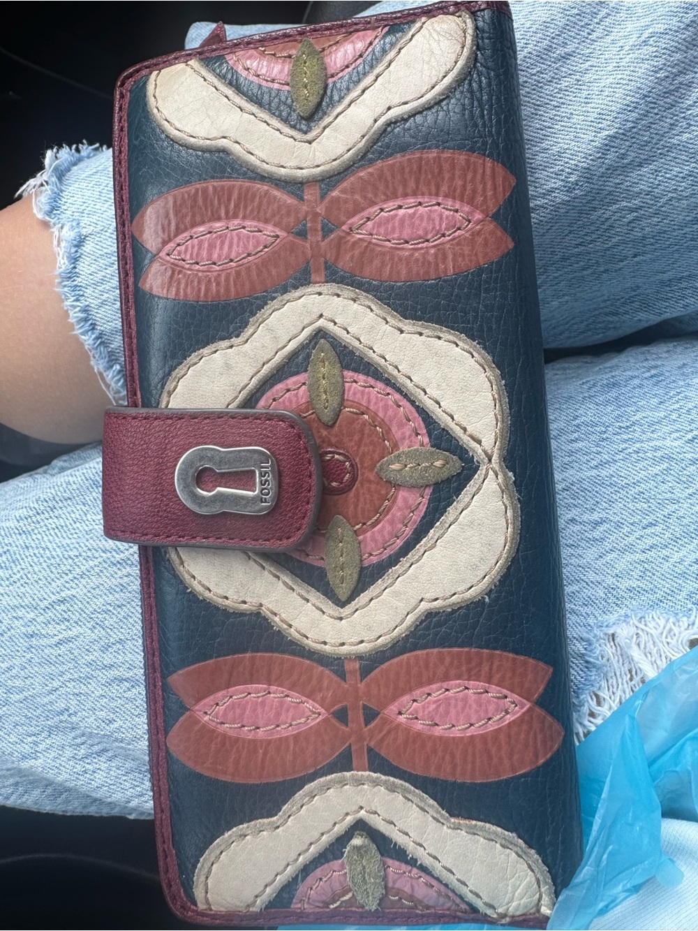 Fossil Leather Wallet in Navy with Pink, Cream & Brown Patchwork